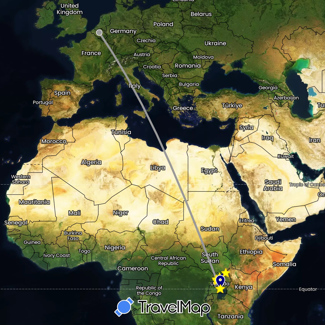 TravelMap itinerary: driving, plane in Belgium, Uganda (Africa, Europe)